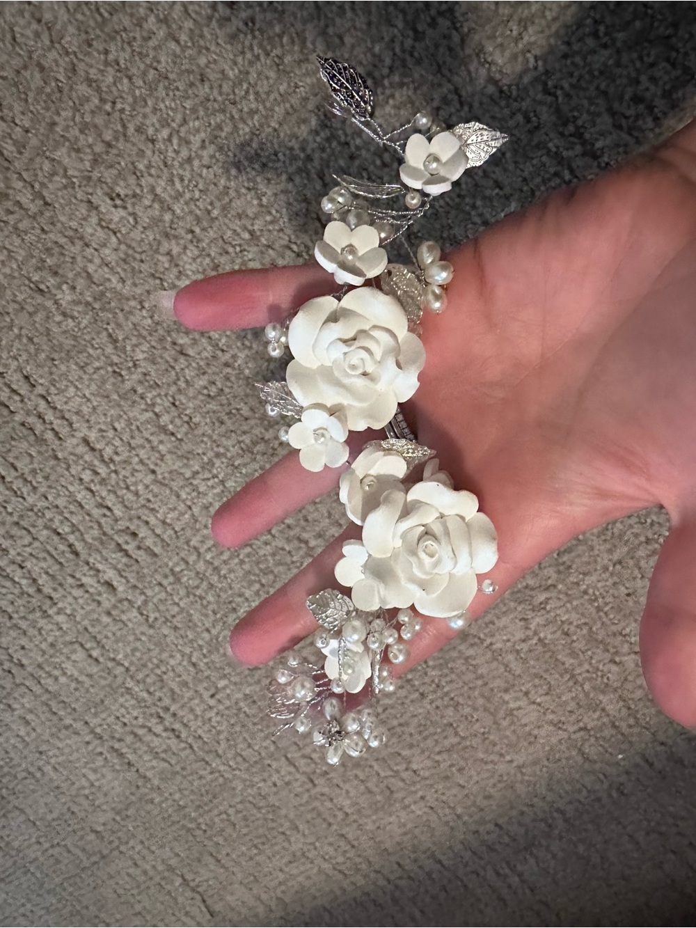 Bridal White Floral Hairpiece with Pearls